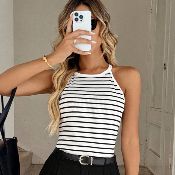 Halter Tank Top White with Black Stripes Stretchy - Picture 1 of 14